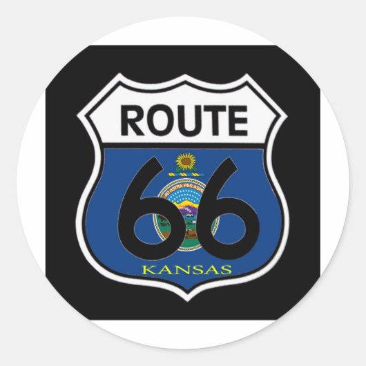 Kansas Vlag Route 66 Schild Ronde Sticker (Voorkant)