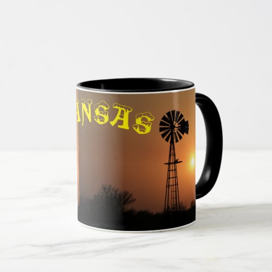 Kansas Windmill Silhouette Smoky Sky Coffee Mok (Voorkant rechts)