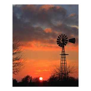 Kansas Windmill Silhouette Sunset met wolken Foto Afdruk