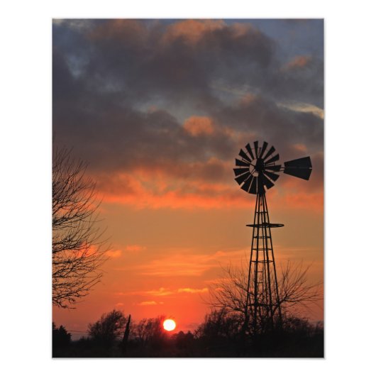 Kansas Windmill Silhouette Sunset met wolken Foto Afdruk (Voorkant)