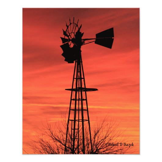 Kansas Windmill Silhouette Sunset met wolken Foto Afdruk (Voorkant)
