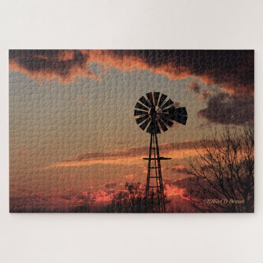 Kansas Windmill Silhouette Sunset PUZZZLE Legpuzzel (Horizontaal)