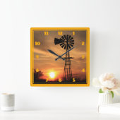 Kansas Windmill Silhouette Sunset Vierkante Klok (Huis)
