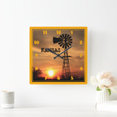 Kansas Windmill Silhouette Sunset Vierkante Klok (Huis)