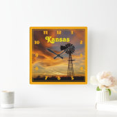 Kansas Windmill Silhouette Sunset Vierkante Klok (Huis)