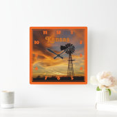 Kansas Windmill Silhouette Sunset Vierkante Klok (Huis)