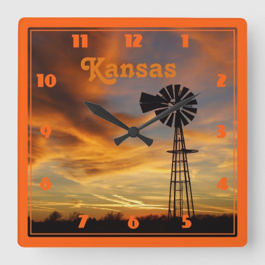 Kansas Windmill Silhouette Sunset Vierkante Klok (Voorkant)