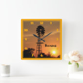 Kansas Windmill Silhouette Sunset Vierkante Klok (Huis)