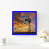 Kansas Windmill Silhouette Sunset Vierkante Klok (Huis)