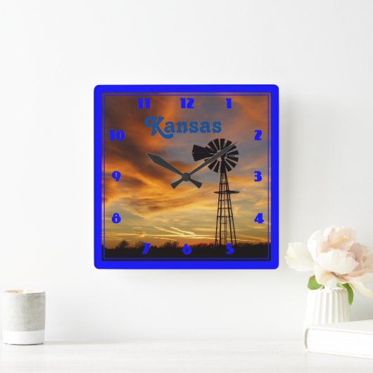 Kansas Windmill Silhouette Sunset Vierkante Klok (Huis)