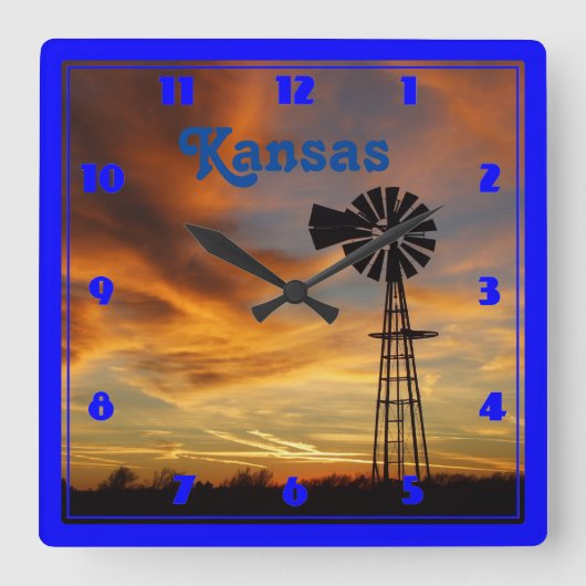Kansas Windmill Silhouette Sunset Vierkante Klok (Voorkant)