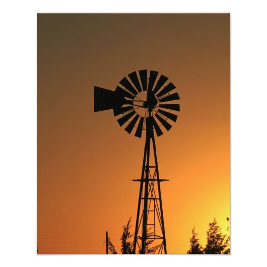 Kansas Windmill Silhouette Sunset with clouds Phot Foto Afdruk (Voorkant)