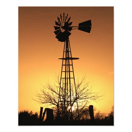 Kansas Windmill Silhouette Sunset with clouds Phot Foto Afdruk (Voorkant)