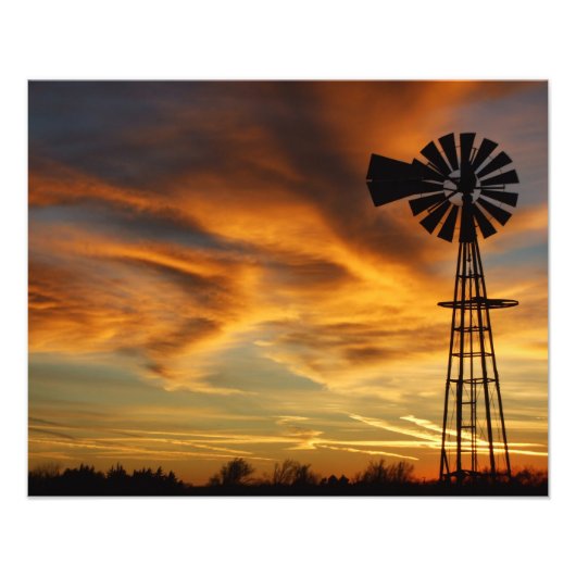 Kansas Windmill Sunset, Clouds Photo Enlargement Foto Afdruk (Voorkant)