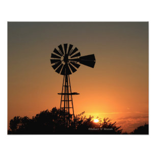 Kansas Windmill Sunset, Clouds Photo Enlargement Foto Afdruk