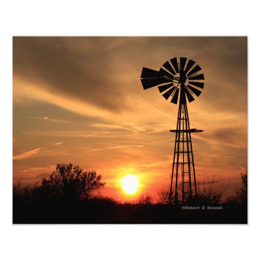 Kansas Windmill Sunset, Clouds Photo Enlargement Foto Afdruk (Voorkant)