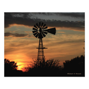 Kansas Windmill Sunset, Clouds Photo Enlargement Foto Afdruk