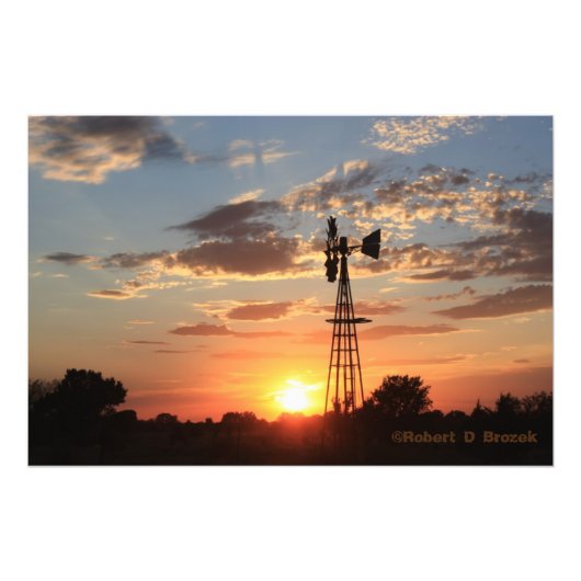 Kansas Windmill Sunset met wolken Foto/Poster Foto Afdruk (Voorkant)