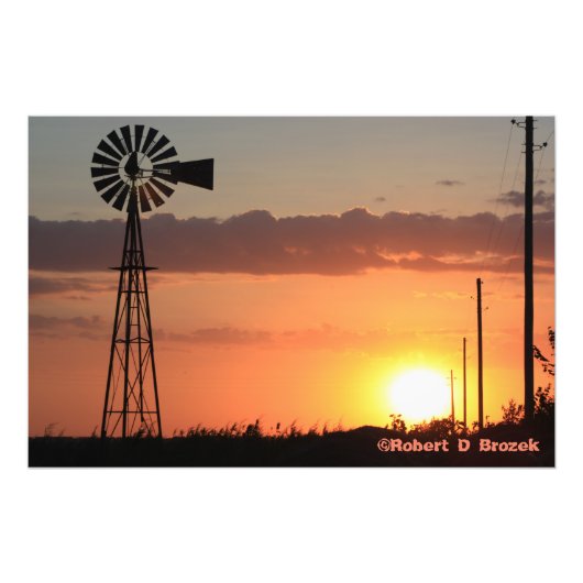 Kansas Windmill Sunset Silhouette Photo Poster. Foto Afdruk (Voorkant)
