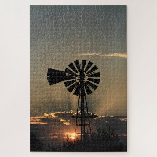 Kansas Windmill Sunset with Sun Rays Legpuzzel (Verticaal)