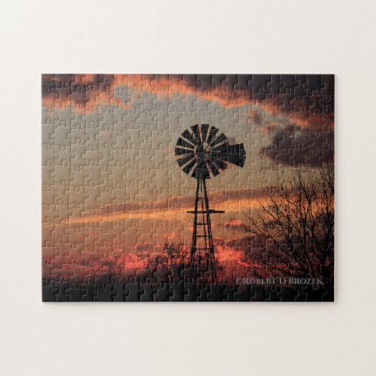 Kansas Windmolen Silhouet met wolken Puzzel (Horizontaal)