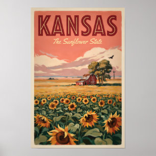 Kansas Zonnebloemen Illustratie Reis Kunst Vintage Poster