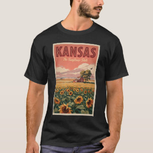 Kansas Zonnebloemen Illustratie Reis Kunst Vintage T-shirt