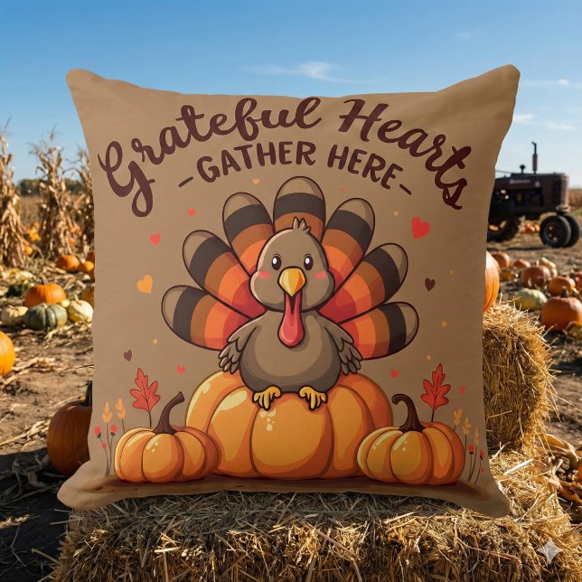 Kanselende Hartenvierdagkalkoen Kussen (Grateful Hearts Thanksgiving Turkey Throw Pillow Mockup D)