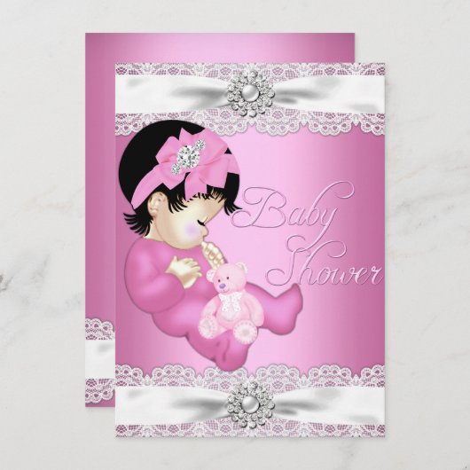  kant & babymeisje Roze Baby shower uitnodigen Kaart (Voorkant / Achterkant)