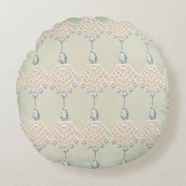 kant blauwgroen strass crème Victoriaans Rond Kussen (Voorkant)