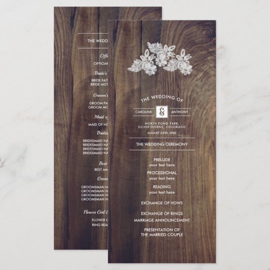 Kant bloemen | Houten trouwprogramma Programmakaart (Voorkant / Achterkant)