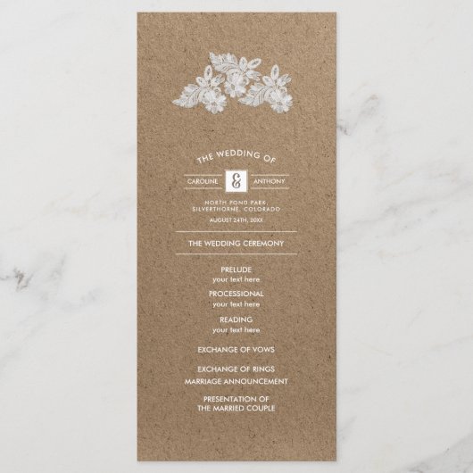 Kant Bloemen | Kraft Papier Huwelijksprogramma's Programmakaart (Voorkant)