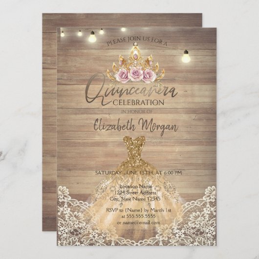 Kant, Bloemen Tiara, Lichten, Jurk Hout Quinceañer Kaart (Voorkant / Achterkant)