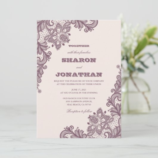 kant Blush Roze & Mauve Rustieke bruiloft Kaart (Staand voorkant)