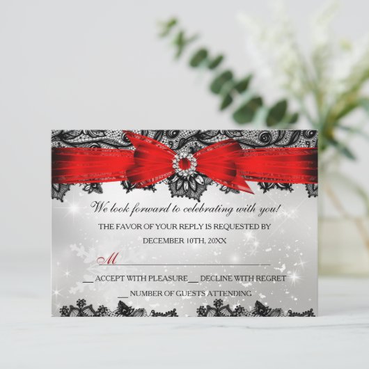 Kant & boog Zilver Rood Kerst Vakantie RSVP (Staand voorkant)