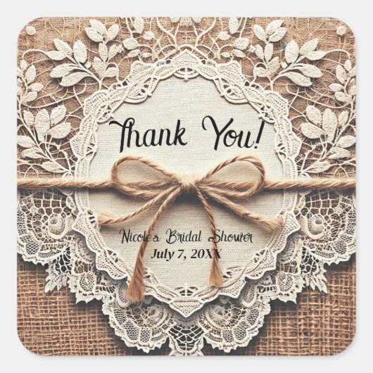 Kant & Burlap Twine Rustiek Vrijgezellenfeest Vierkante Sticker (Voorkant)