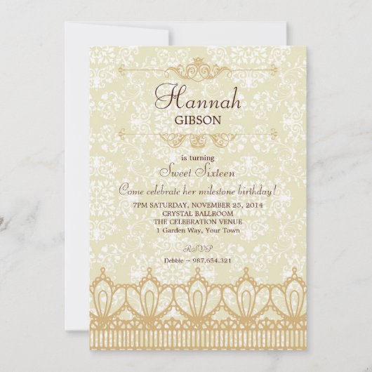  kant & Damask Brocade Sweet 16 Uitnodiging (Voorkant)