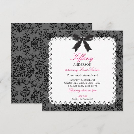Kant & Damask met Black Bow Sweet 16 Verjaardag Kaart (Voorkant / Achterkant)