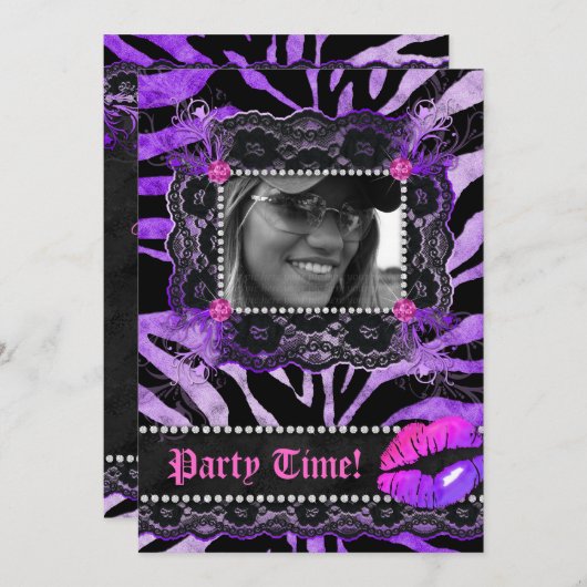 Kant Diamanten Verjaardagsfeestje Zebra Paarse Lip Kaart (Voorkant / Achterkant)