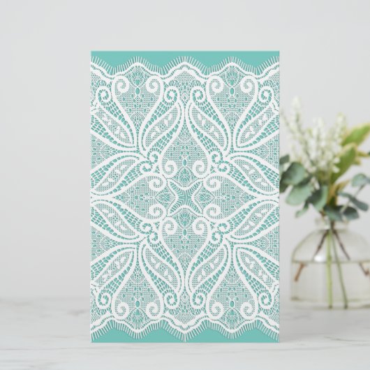 Kant doily blauwgroen en wit ouderwets briefpapier (Staand voorkant)
