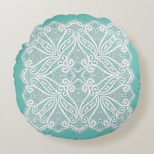 Kant doily blauwgroen wit  ouderwets rond kussen