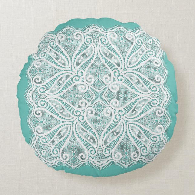 Kant doily blauwgroen wit  ouderwets rond kussen (Voorkant)