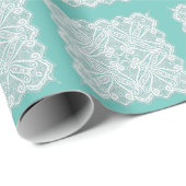 Kant doily kijken blauwgroen wit  ouderwets cadeaupapier (Rol Hoek)