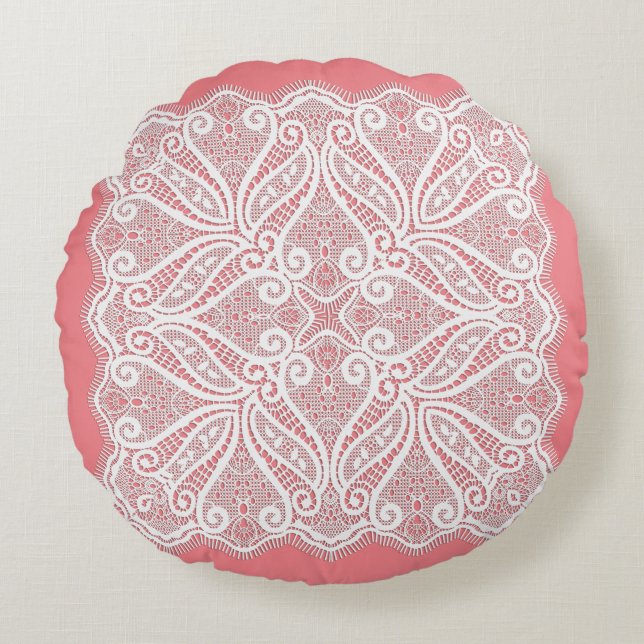 Kant doily roze wit  ouderwets rond kussen (Voorkant)
