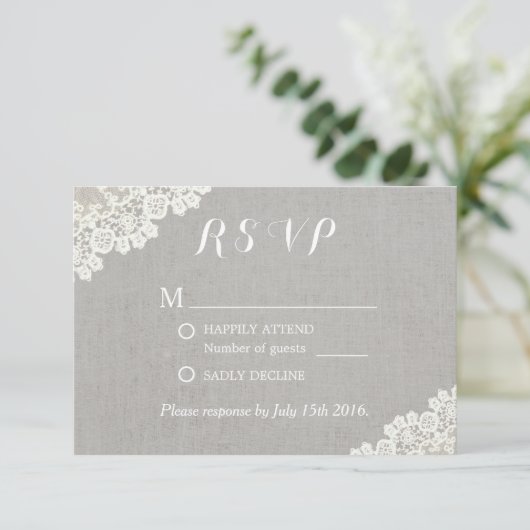  kant Elegant linnen rustieke bruiloft RSVP Kaartje (Staand voorkant)