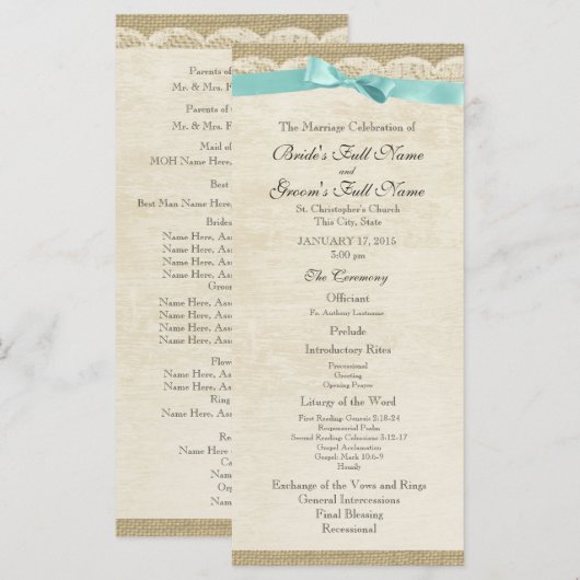 kant en Aqua Bow Wedding Programma Programmakaart (Voorkant / Achterkant)