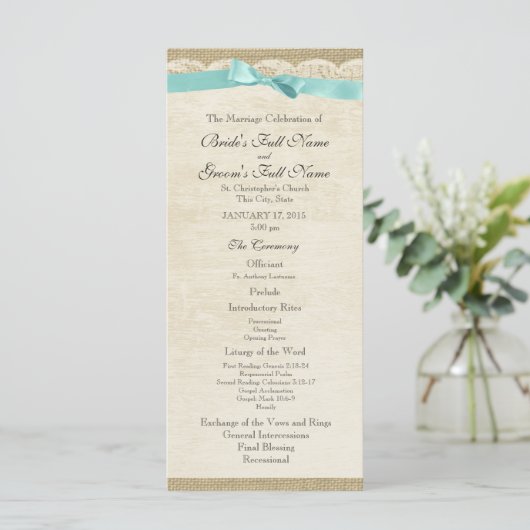 kant en Aqua Bow Wedding Programma Programmakaart (Staand voorkant)