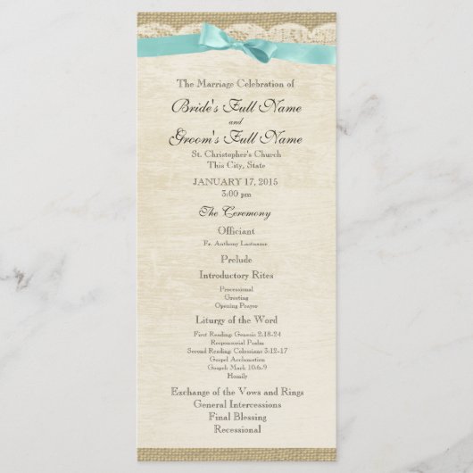 kant en Aqua Bow Wedding Programma Programmakaart (Voorkant)