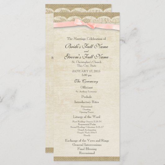 Kant en Blush Bow Trouwprogramma Programmakaart (Voorkant / Achterkant)