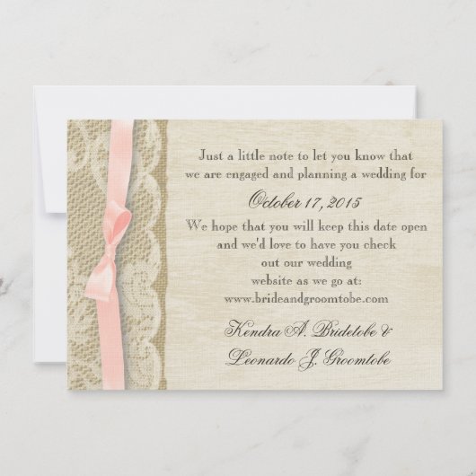 Kant en Blush Pink Bow Sla de datum op Save The Date (Achterkant)